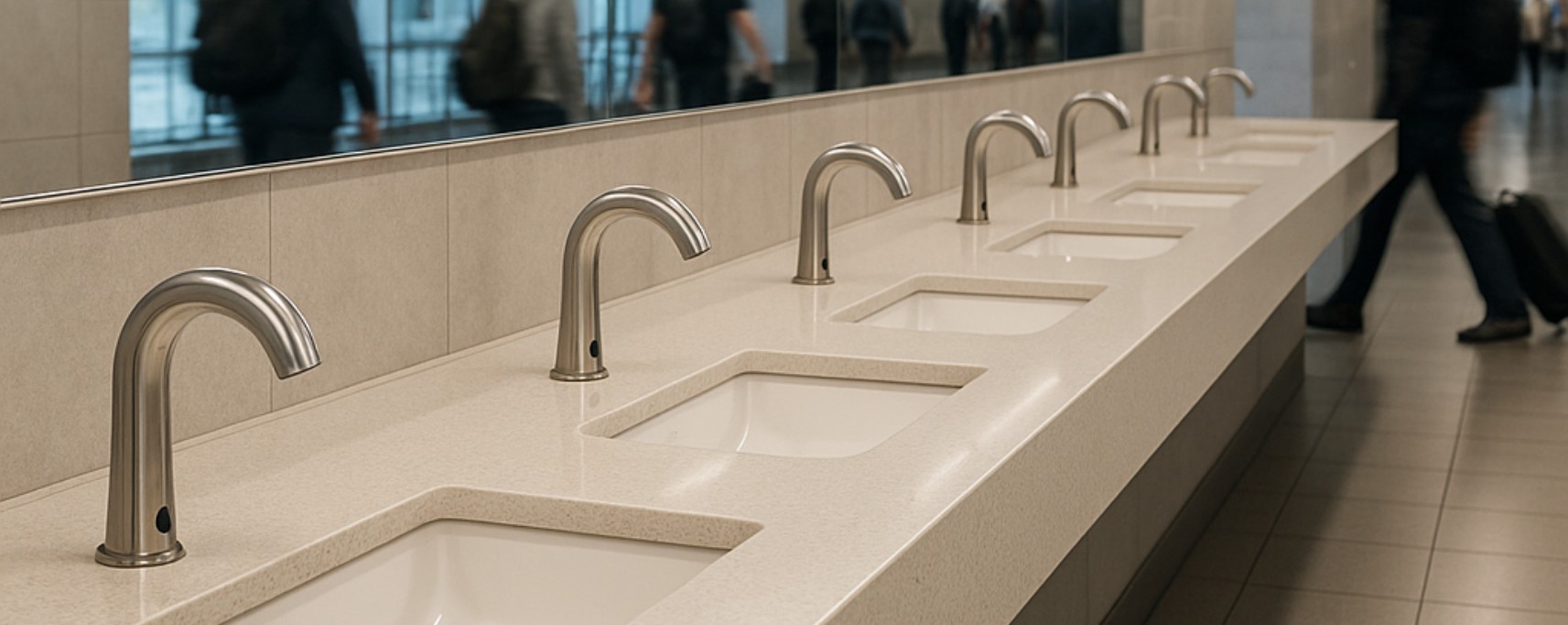 Architect-grade touchless faucets and soap dispensers installed in a commercial airport restroom